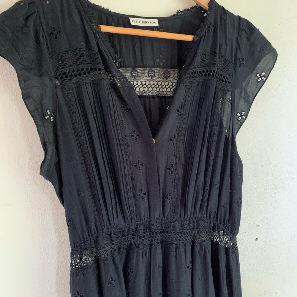 Ulla Johnson Black Eyelet V-Neck Midi Dress